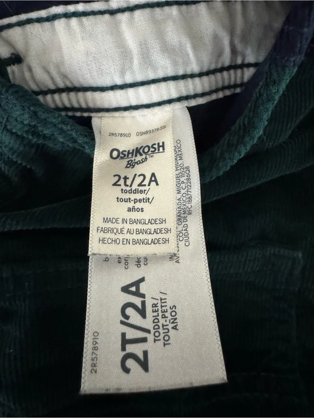 OshKosh B’gosh 2T Green & Navy Corduroy Lined Overalls